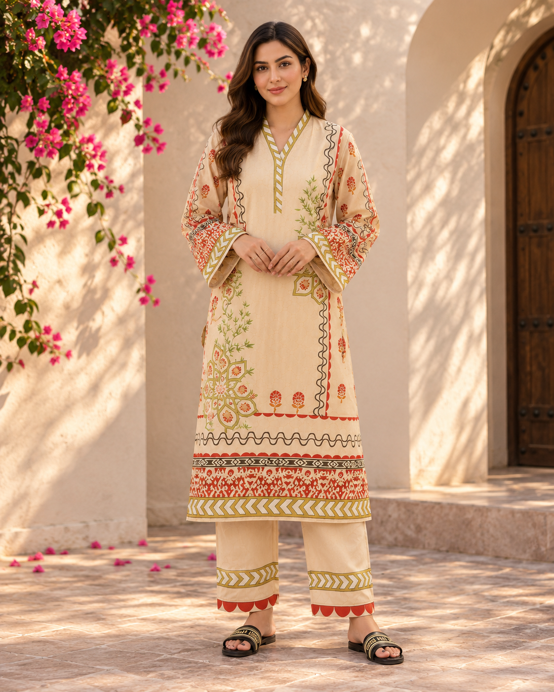 Beige Ethnic Print Long Co-ord Set