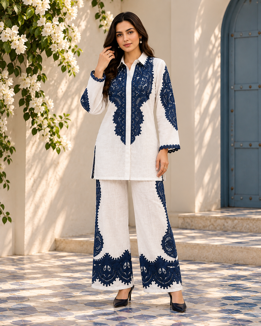 White and Navy Medallion Print Co-ord Set