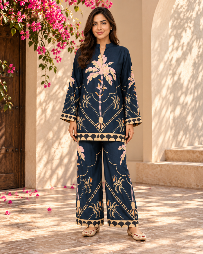 Navy Blue Palm Print Co-ord Set