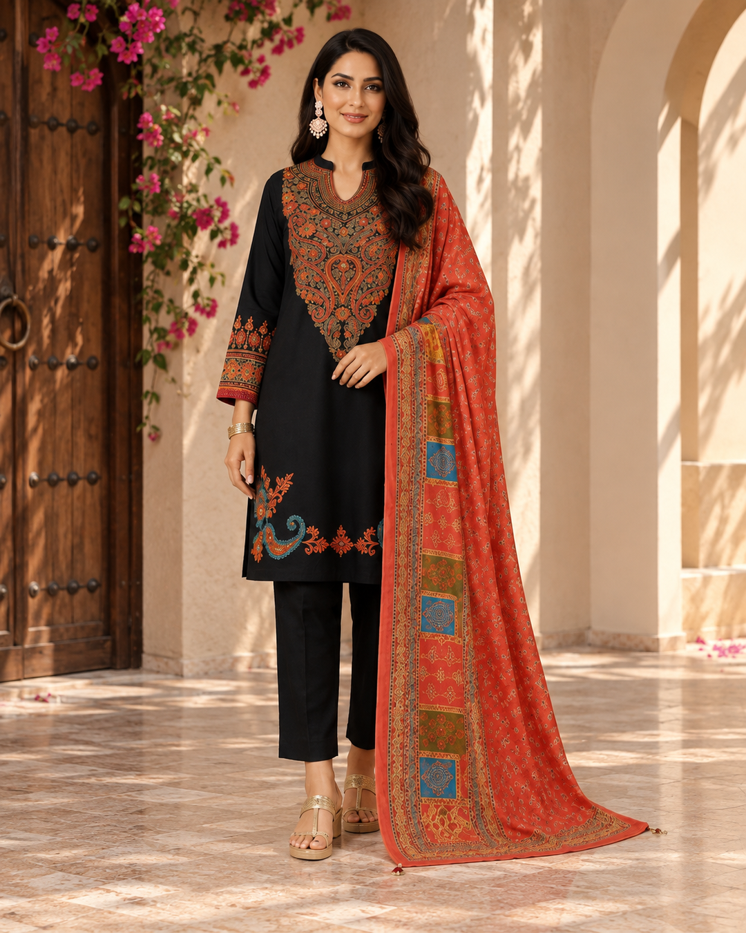 Black Ethnic Print Co-ord Set with Dupatta