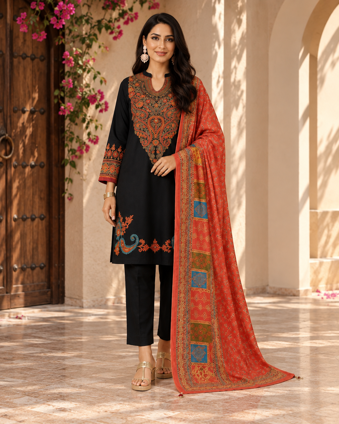 Black Ethnic Print Co-ord Set with Dupatta