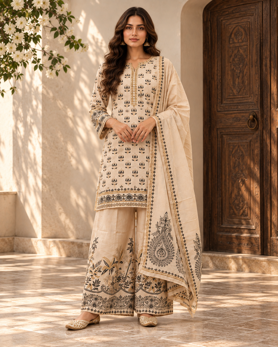 Ivory Grey Motif Print Co-ord Set with Dupatta