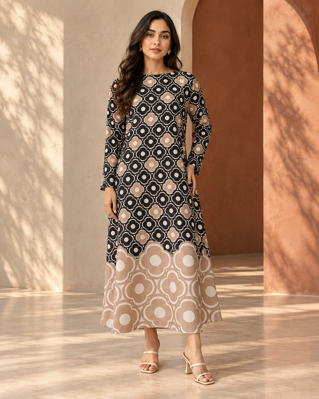 Black Beige Retro Print Kaftan
