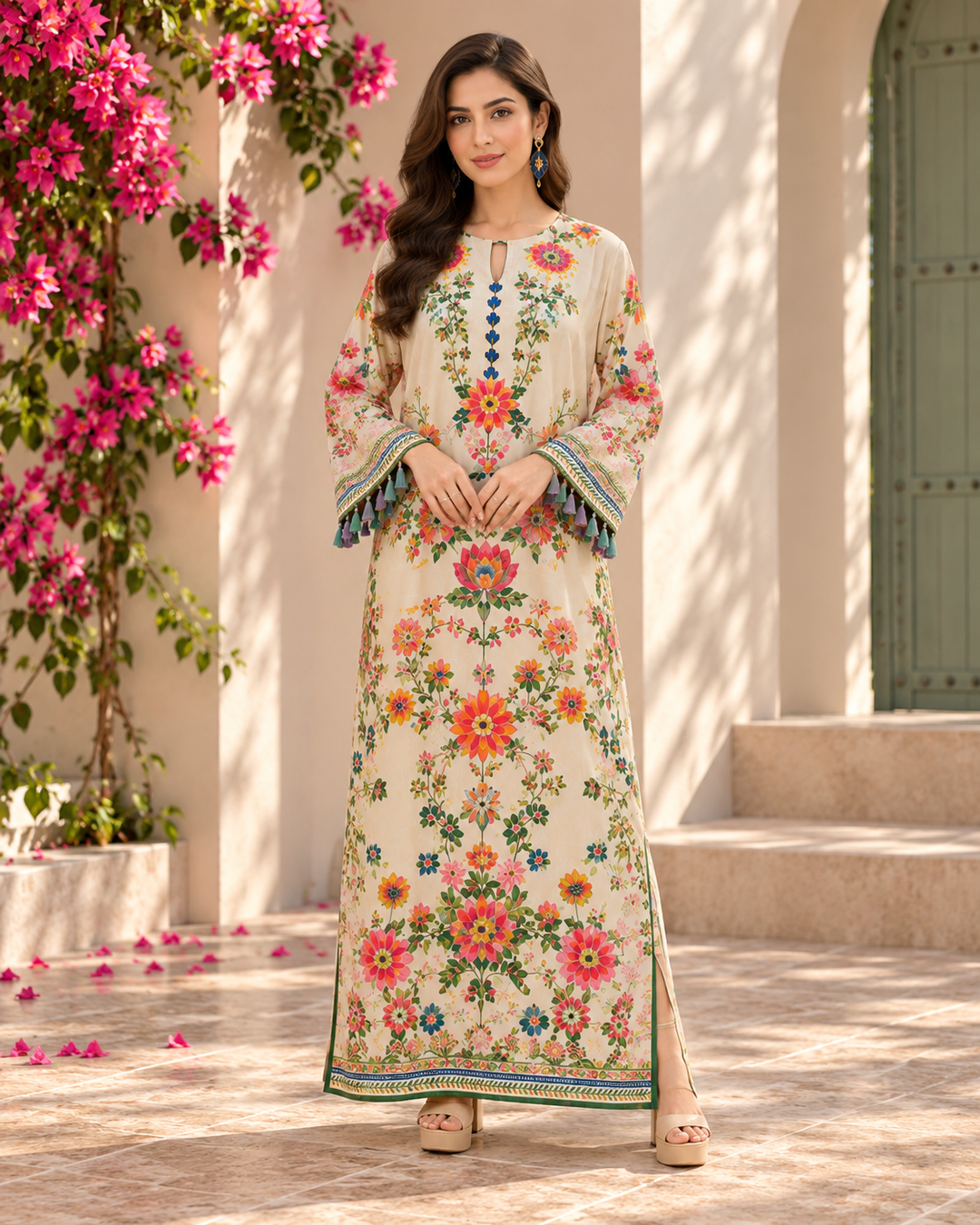 Beige Multicolor Floral Print Kaftan