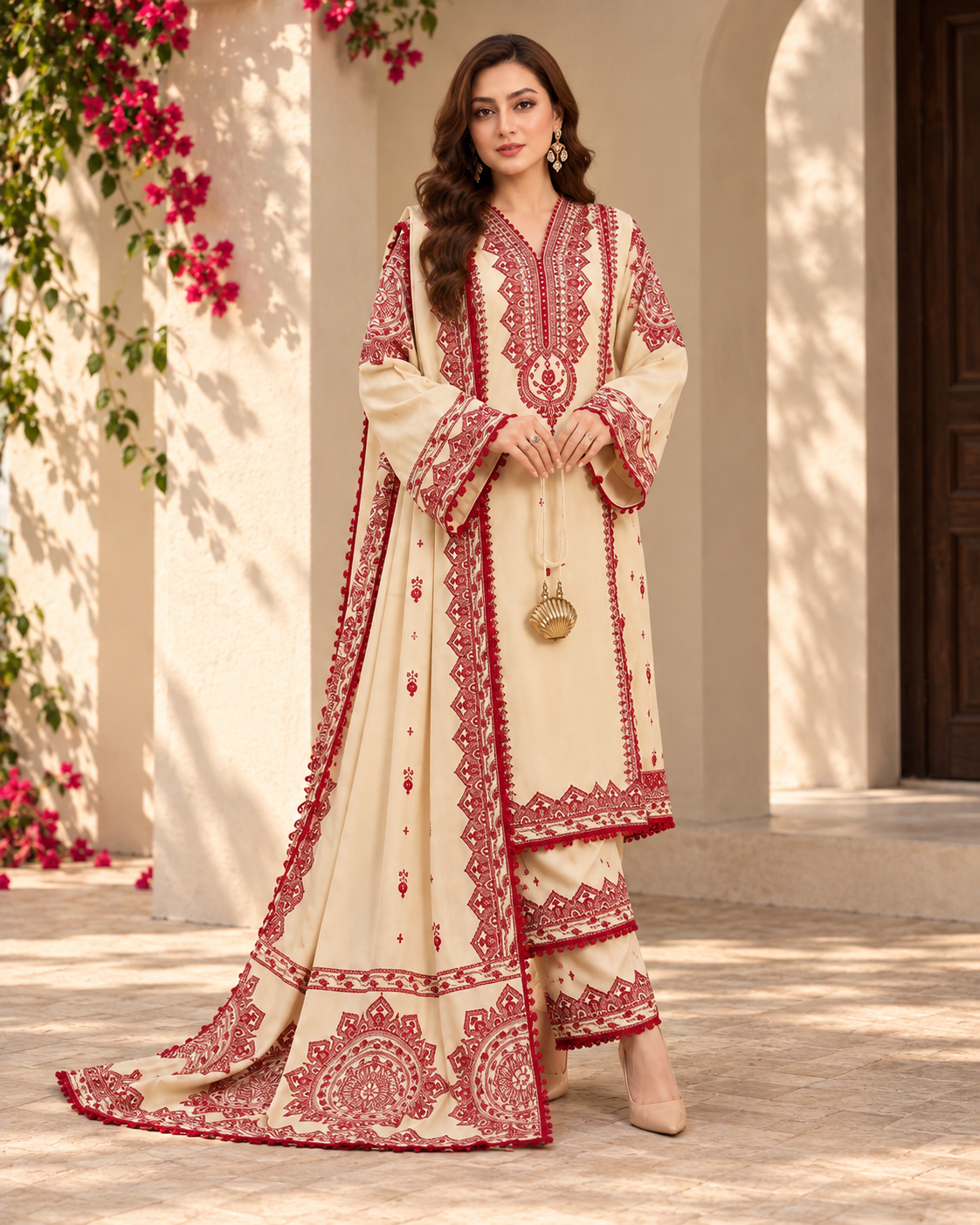 Ivory Red Print Co-ord Set with Dupatta