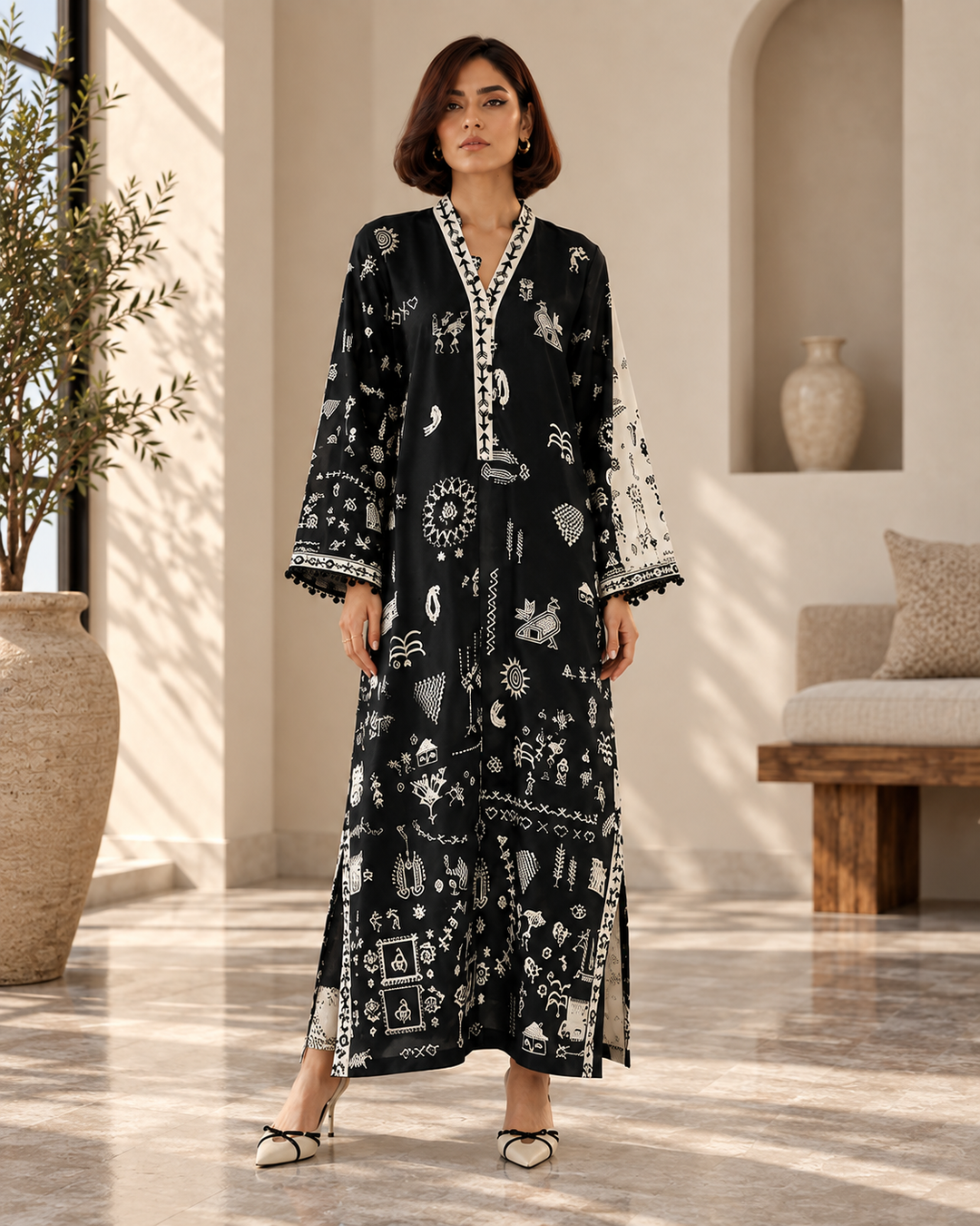 Black and White Warli Print Kaftan Pheran