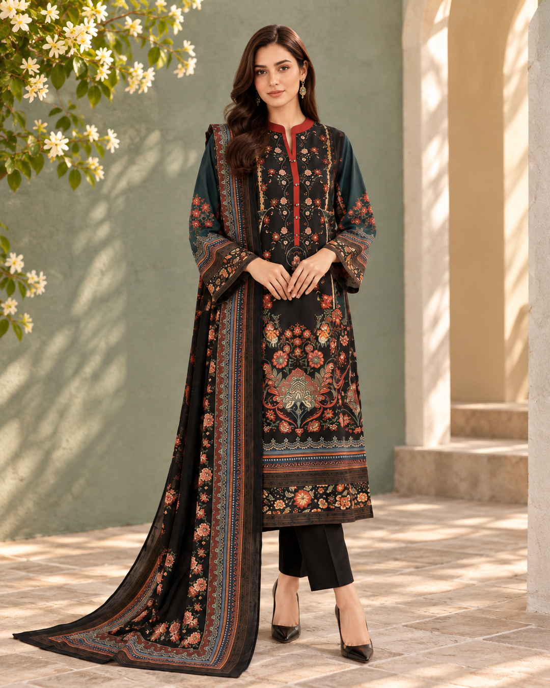 Black Floral Print Co-ord Set with Dupatta