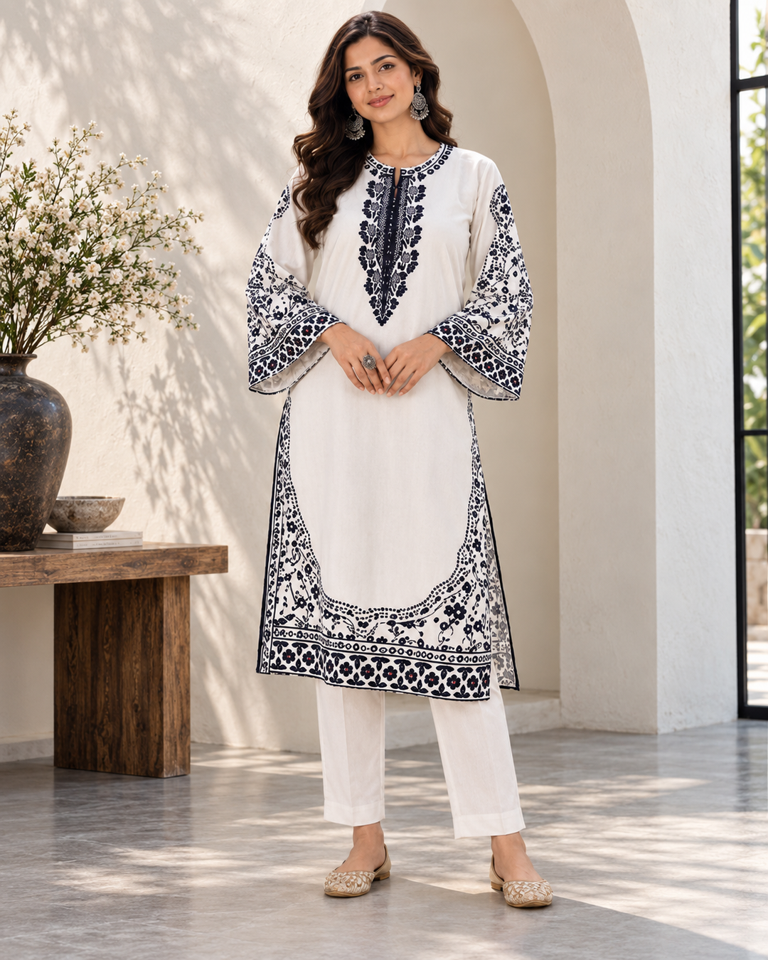 White and Navy Floral Print Co-ord Set