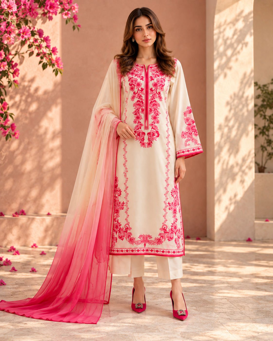 Ivory Pink Floral Print Co-ord Set with Dupatta