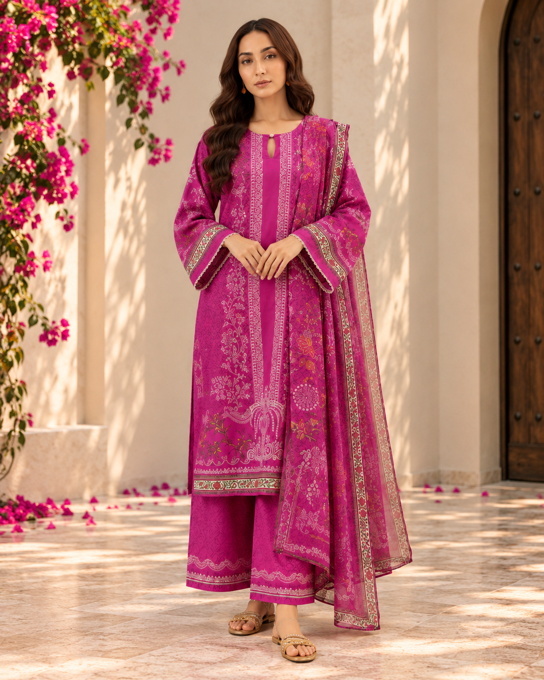 Magenta Ethnic Print Co-ord Set with Dupatta