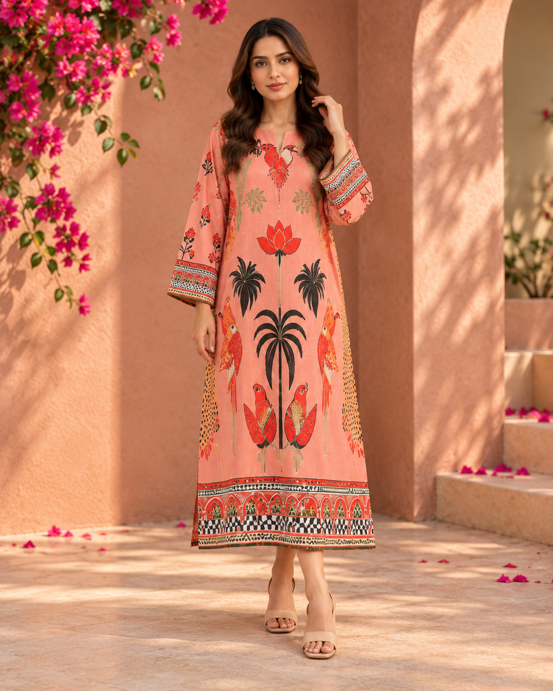 Peach Parrot Print Kaftan