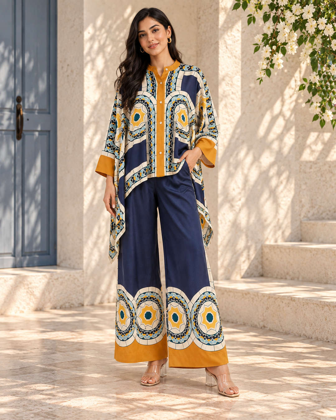 Navy Mustard Mosaic Print Co-ord Set