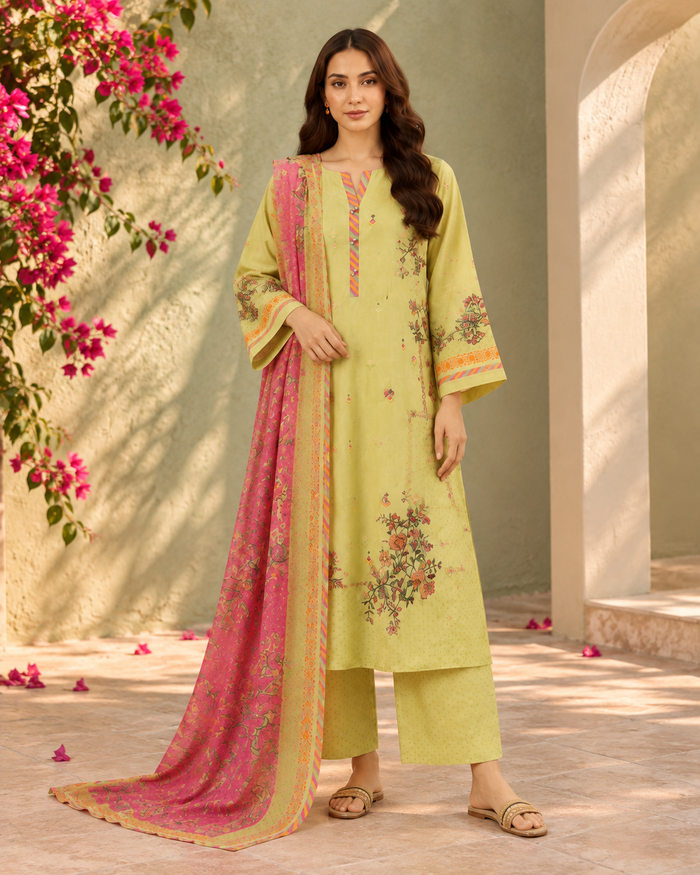 Lime Green Floral Print Co-ord Set with Dupatta