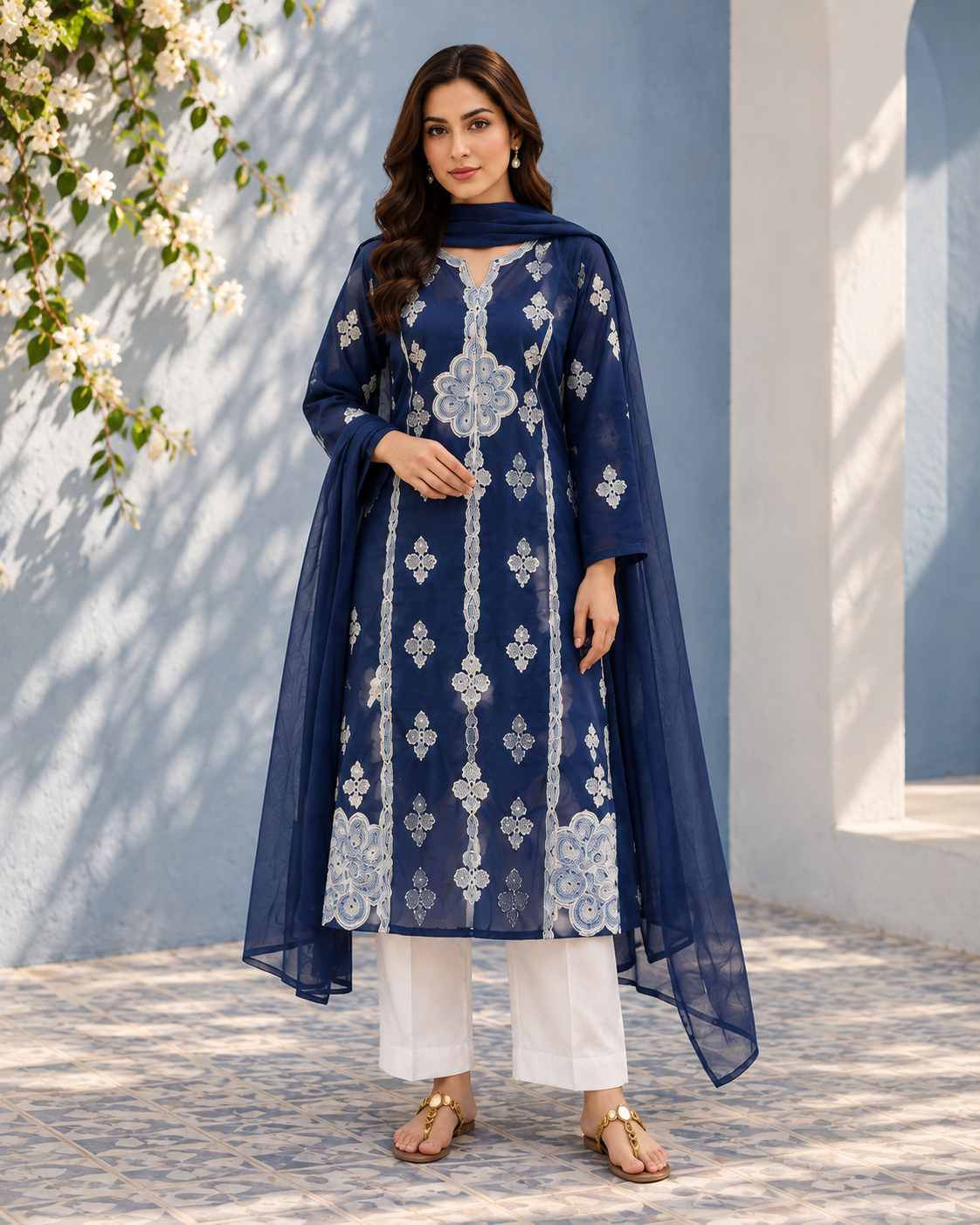 Navy Blue Print Co-ord Set with Dupatta