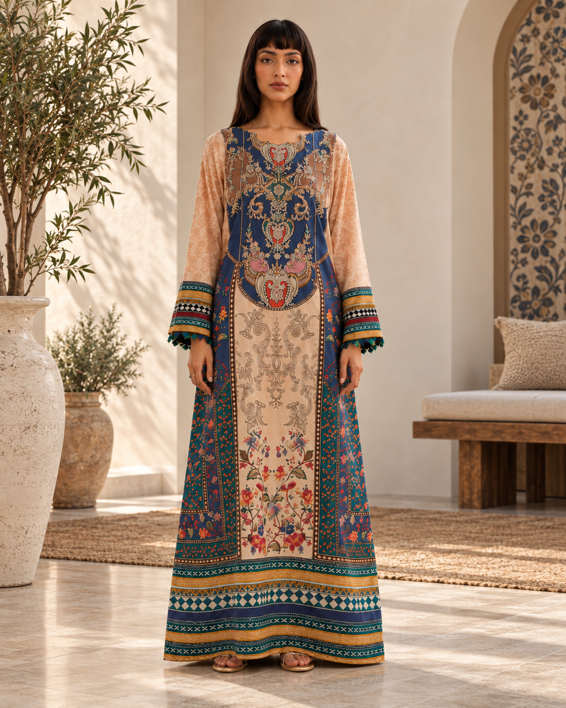 Beige Blue Ethnic Print Kaftan