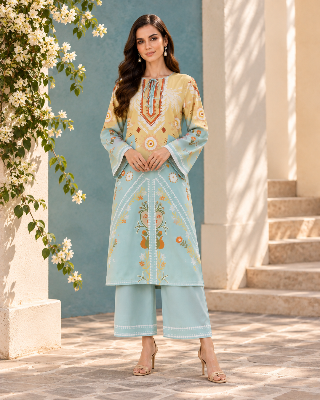 Yellow Blue Ethnic Print Co-ord Set