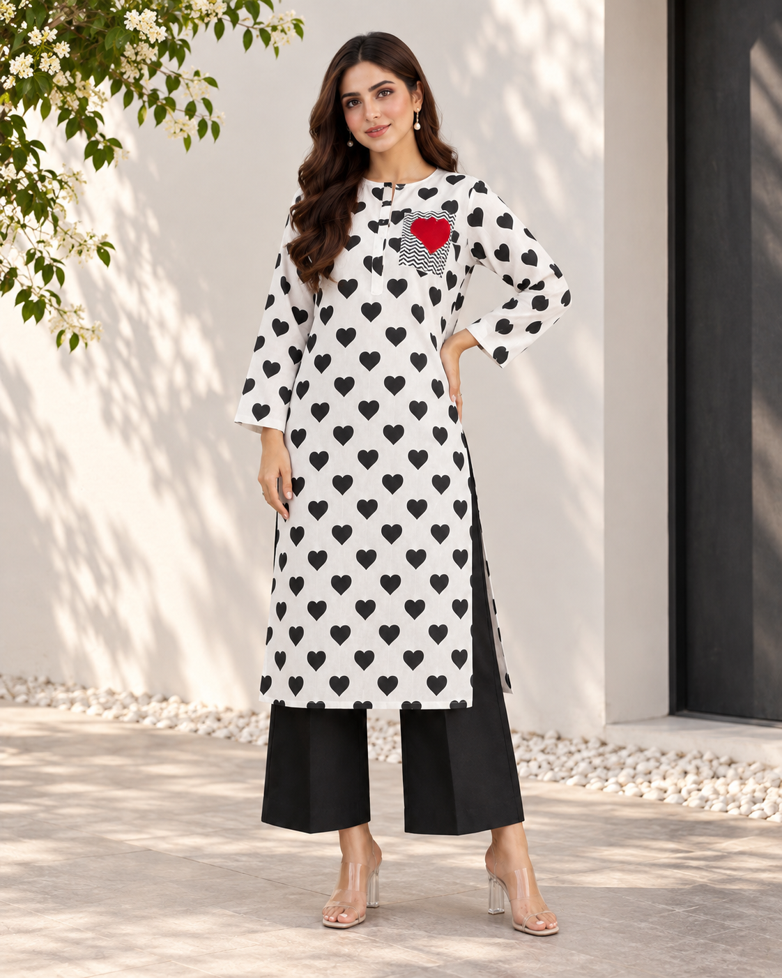 White Black Heart Print Co-ord Set