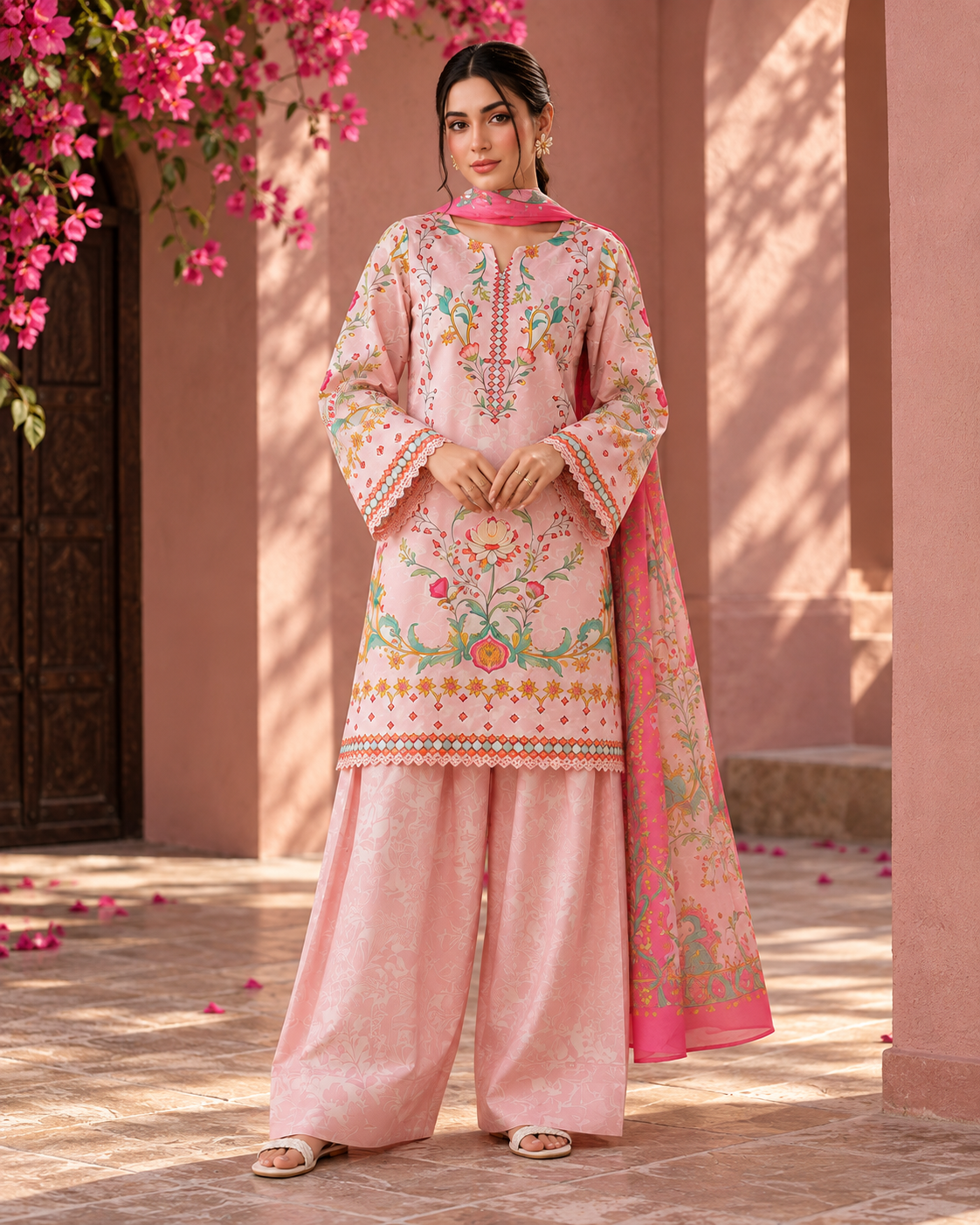 Blush Pink Floral Co-ord Set with Dupatta