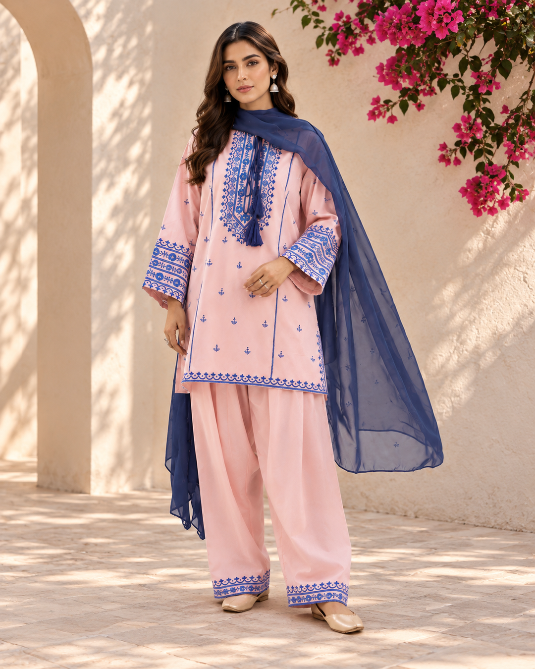 Peach Blue Print Co-ord Set with Dupatta