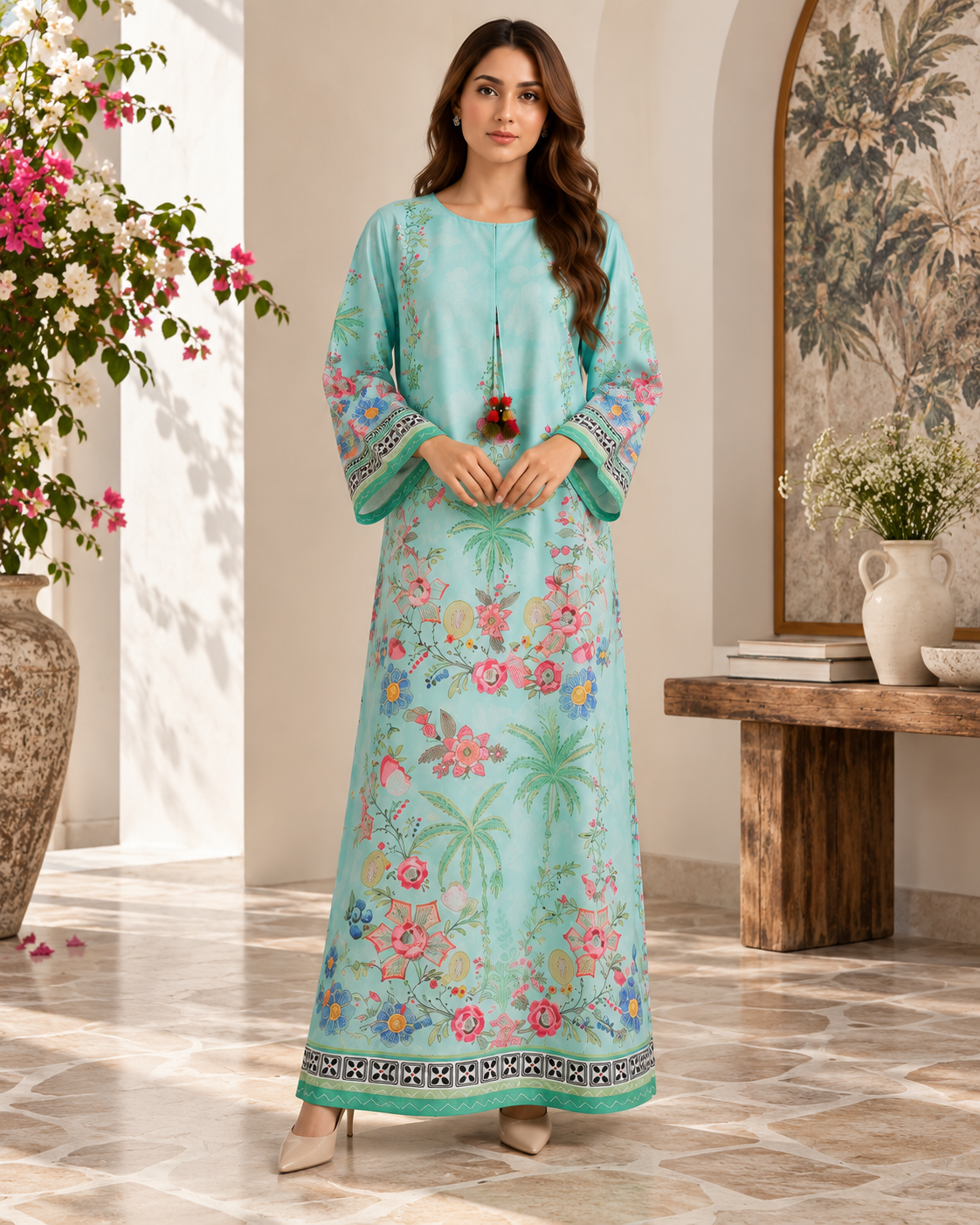 Sea Green Floral Print Kaftan
