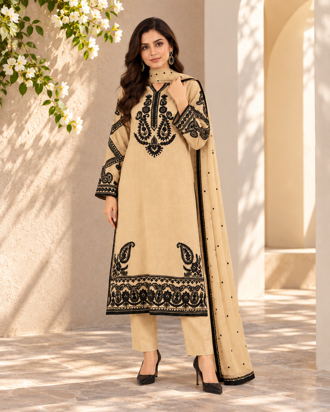 Beige Black Paisley Print Co-ord Set with Dupatta