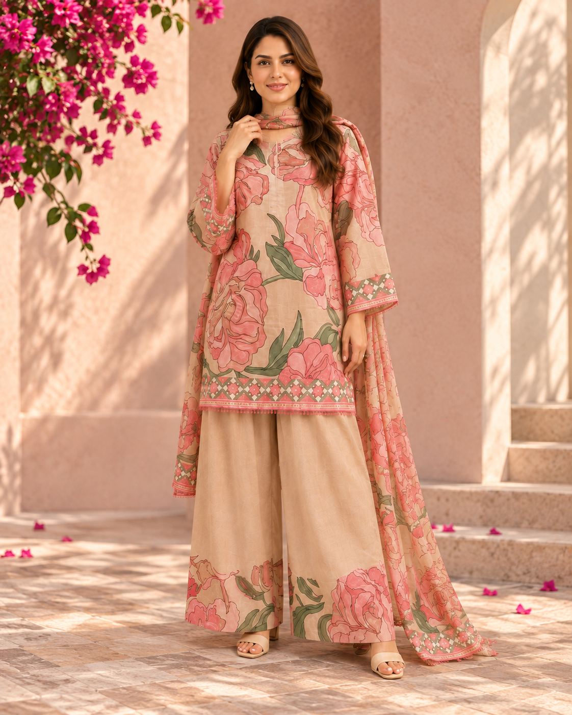 Beige Rose Print Co-ord Set with Dupatta