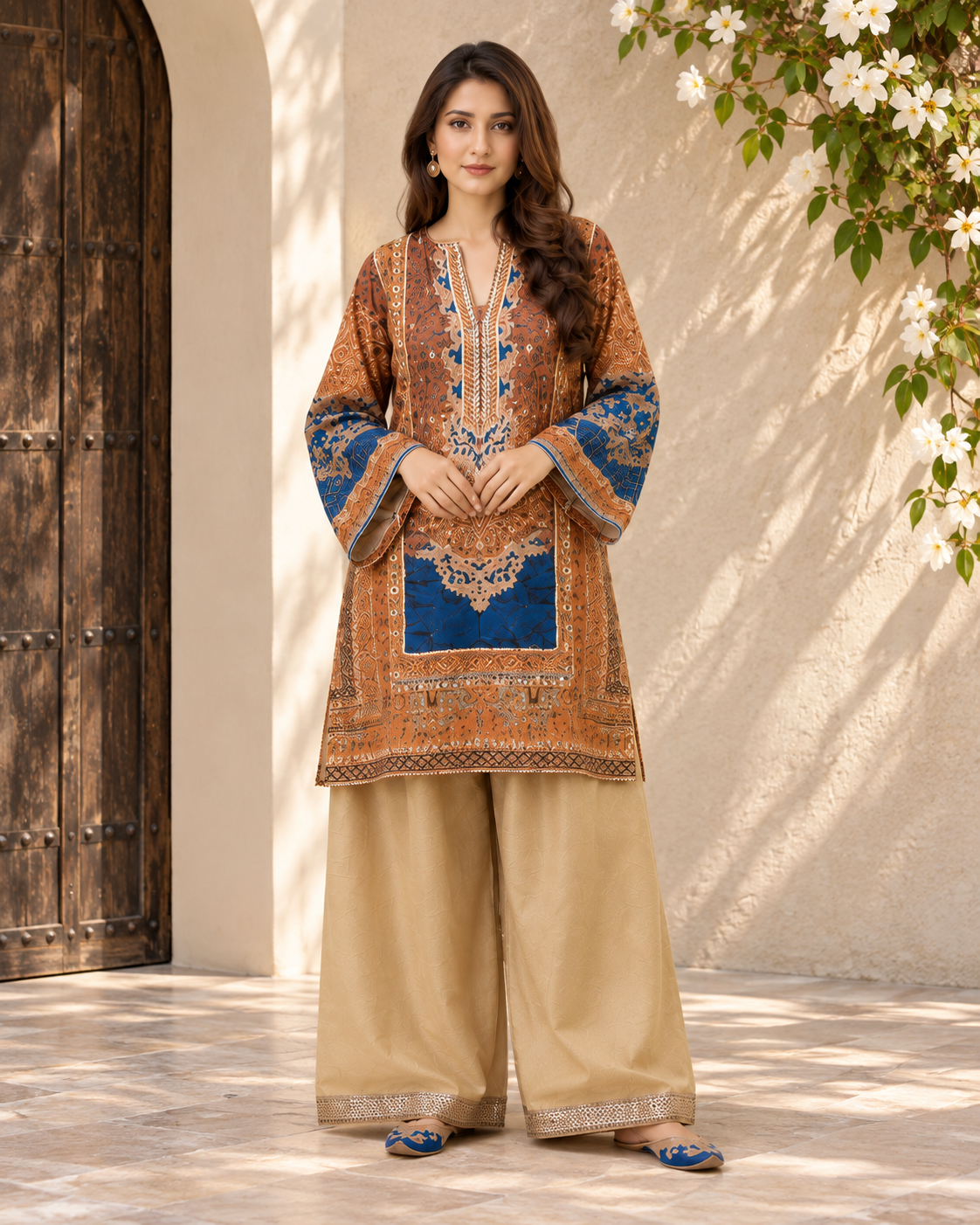 Rust Blue Ethnic Print Co-ord Set