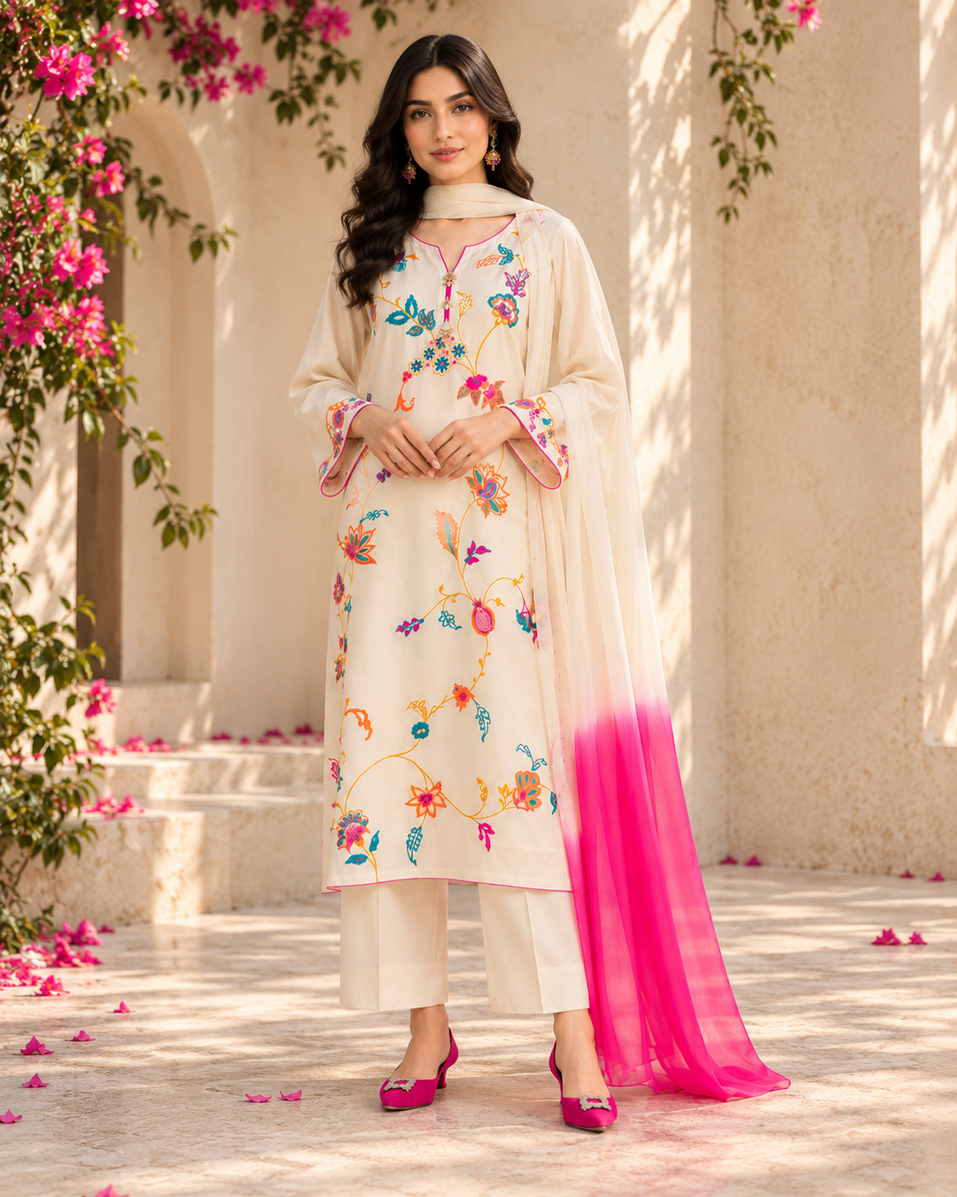 Ivory Floral Embroidery Print Co-ord Set with Dupatta