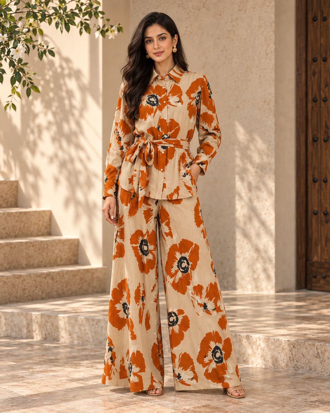 Beige Rust Floral Print Co-ord Set