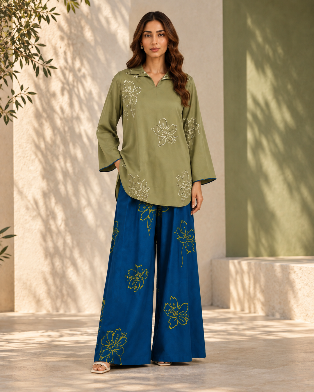 Green and Blue Floral Line Print Co-ord Set