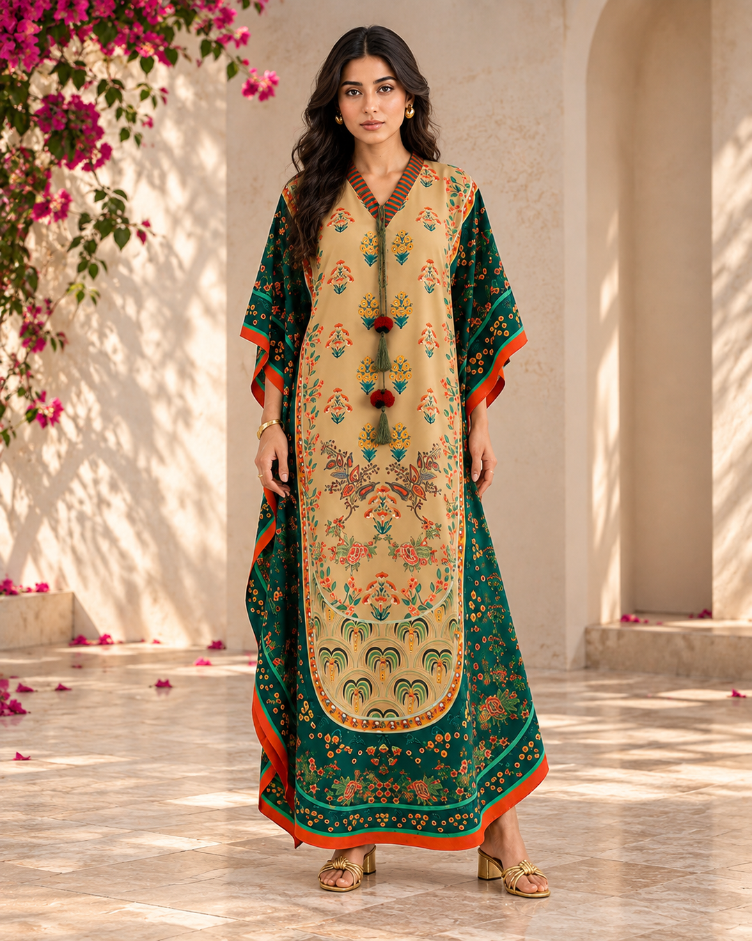 Beige Green Floral Print Kaftan