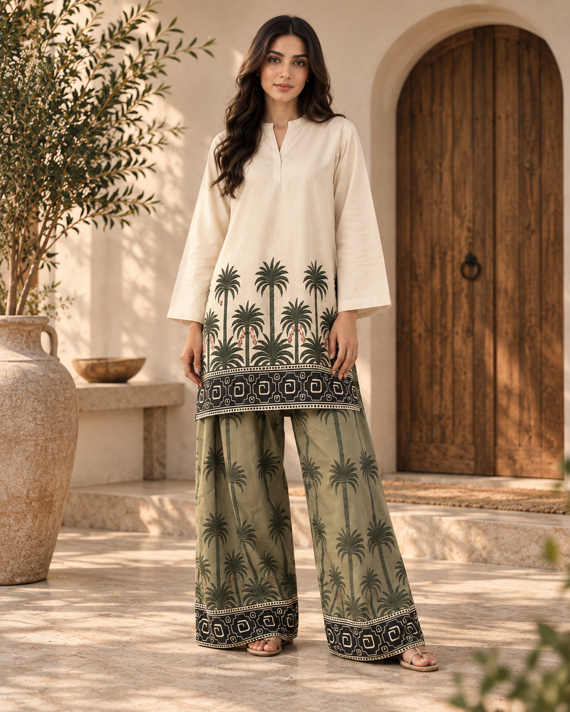 Beige Palm Print Co-ord Set
