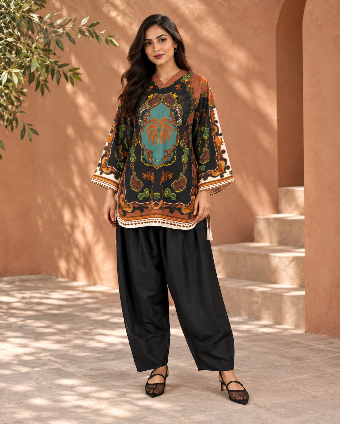 Black and Rust Ethnic Print Co-ord Set