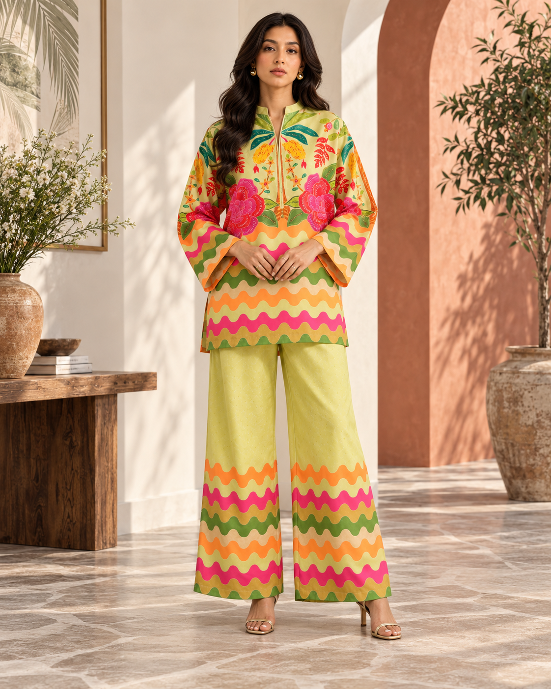 Lime Green Floral Wave Print Co-ord Set