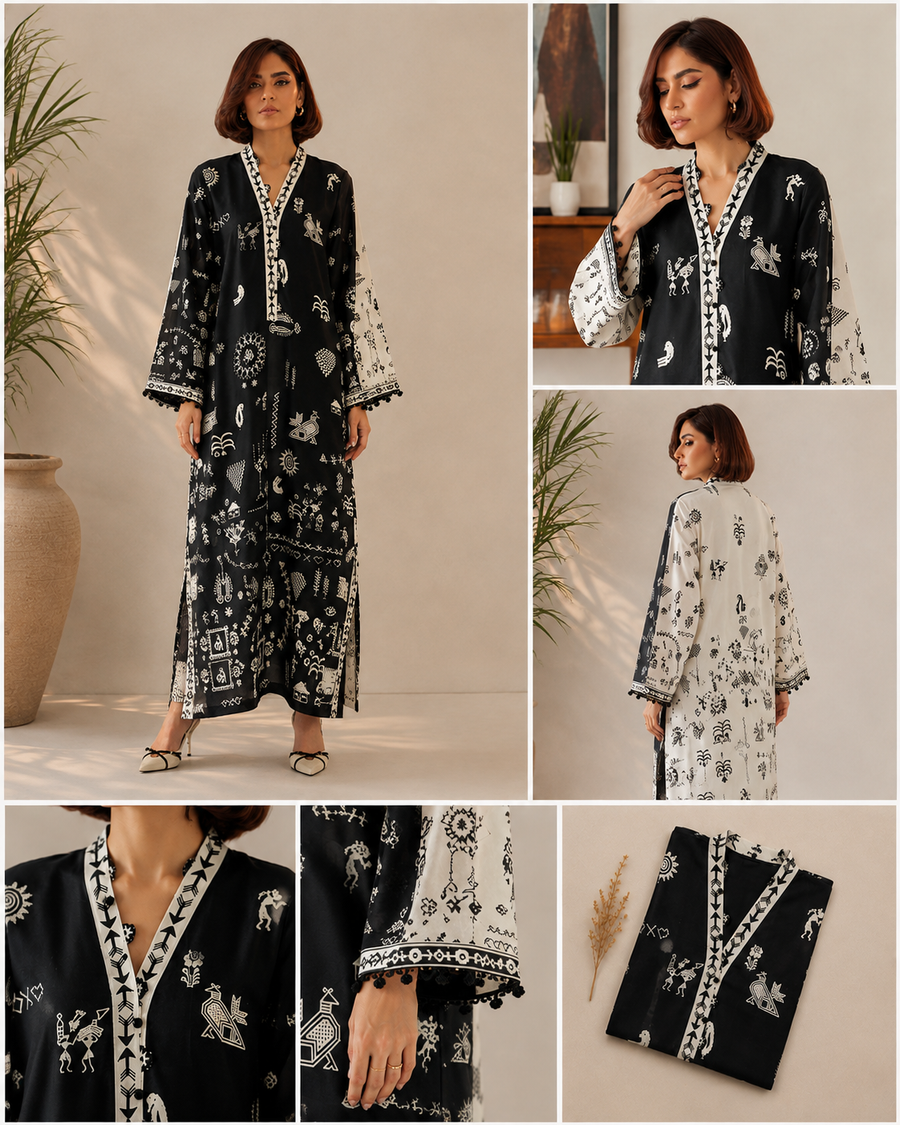 Black and White Warli Print Kaftan Pheran