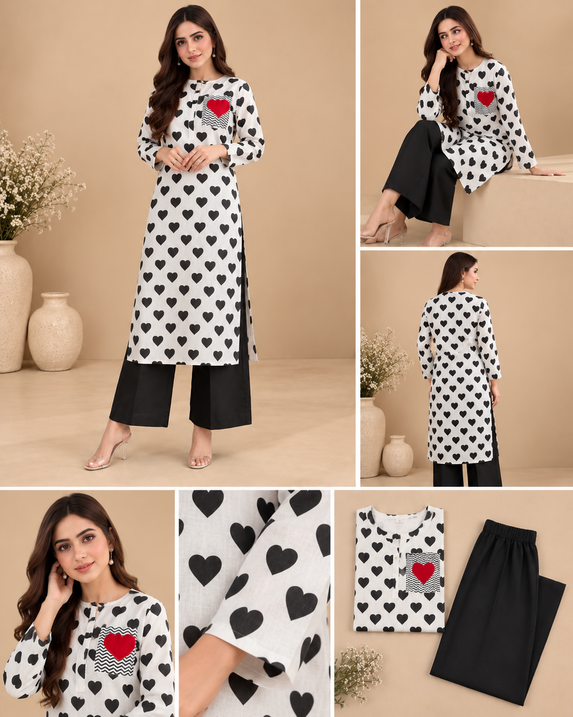 White Black Heart Print Co-ord Set