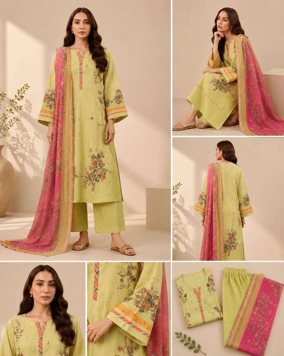 Lime Green Floral Print Co-ord Set with Dupatta