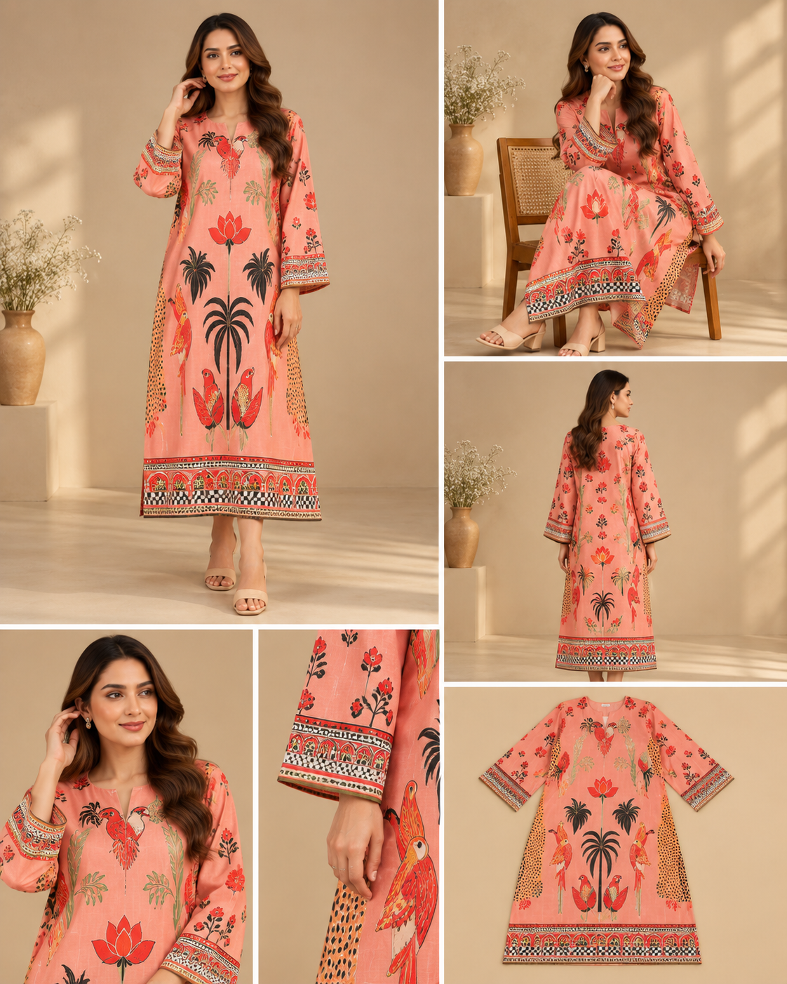 Peach Parrot Print Kaftan
