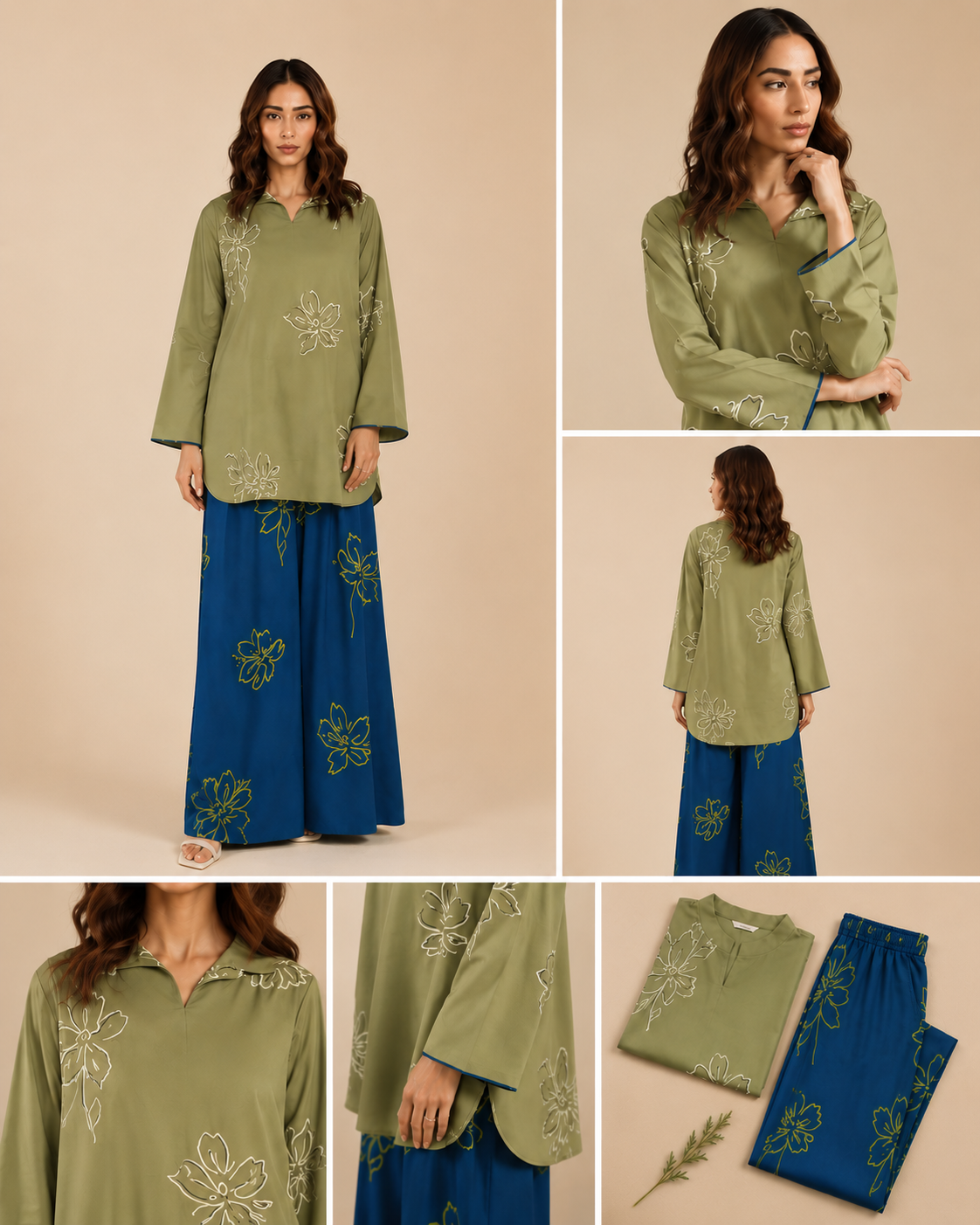 Green and Blue Floral Line Print Co-ord Set