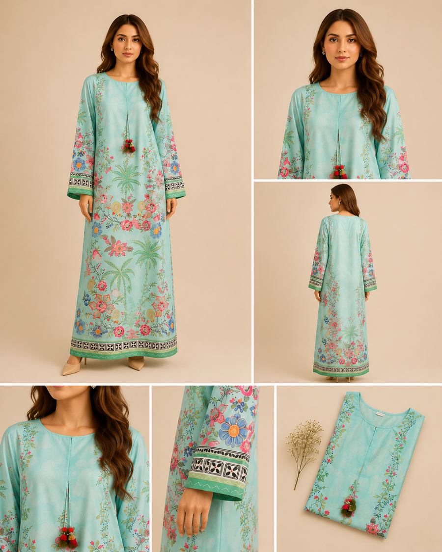 Sea Green Floral Print Kaftan