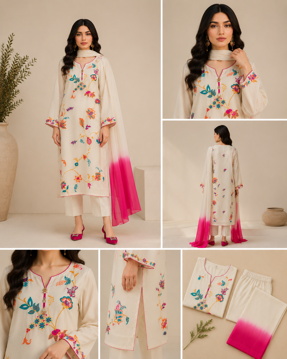 Ivory Floral Embroidery Print Co-ord Set with Dupatta