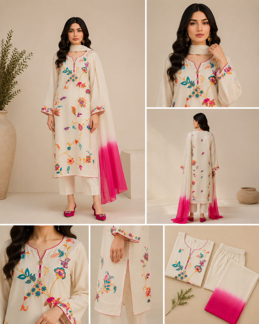 Ivory Floral Embroidery Print Co-ord Set with Dupatta