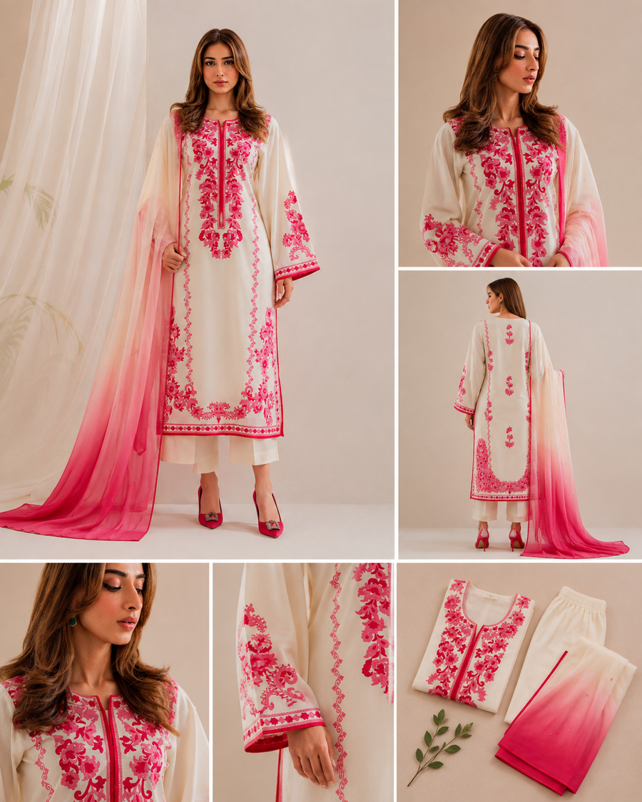 Ivory Pink Floral Print Co-ord Set with Dupatta