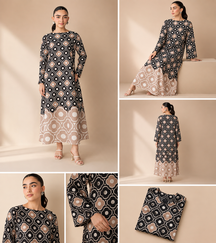 Black Beige Retro Print Kaftan