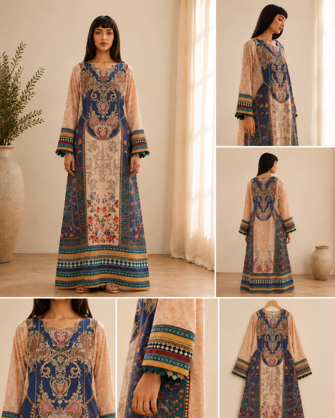 Beige Blue Ethnic Print Kaftan