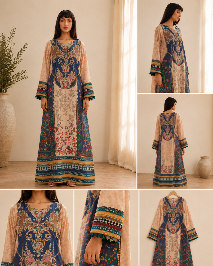 Beige Blue Ethnic Print Kaftan