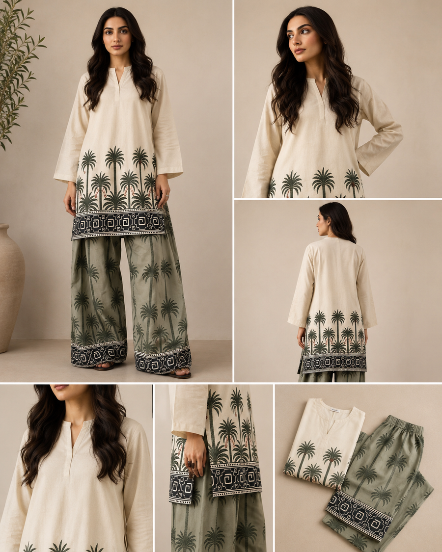 Beige Palm Print Co-ord Set
