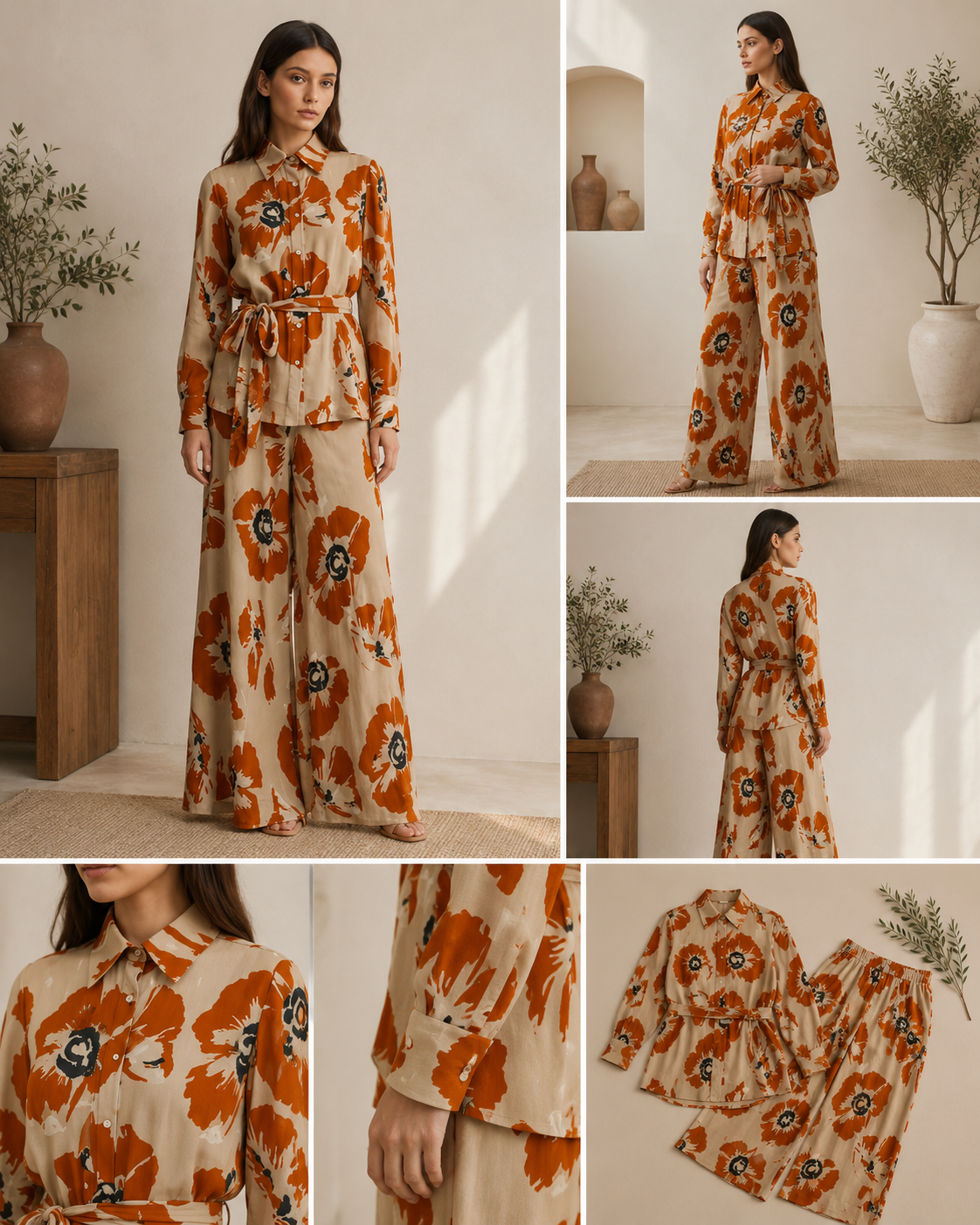 Beige Rust Floral Print Co-ord Set