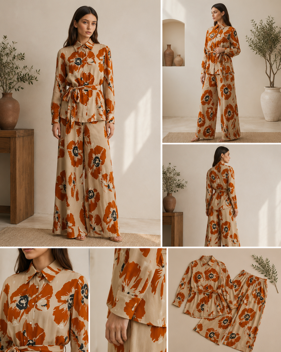 Beige Rust Floral Print Co-ord Set