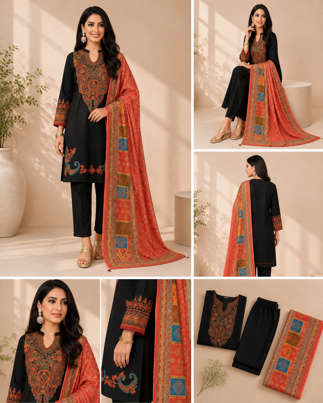 Black Ethnic Print Co-ord Set with Dupatta